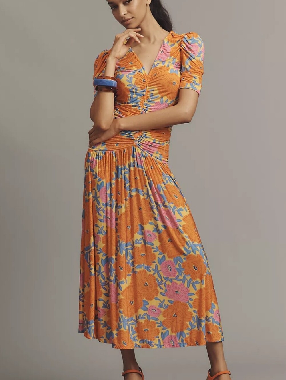 NWT Farm Rio x Anthropologie Short Sleeve V-neck Ruched Floral Midi Dress  XXS